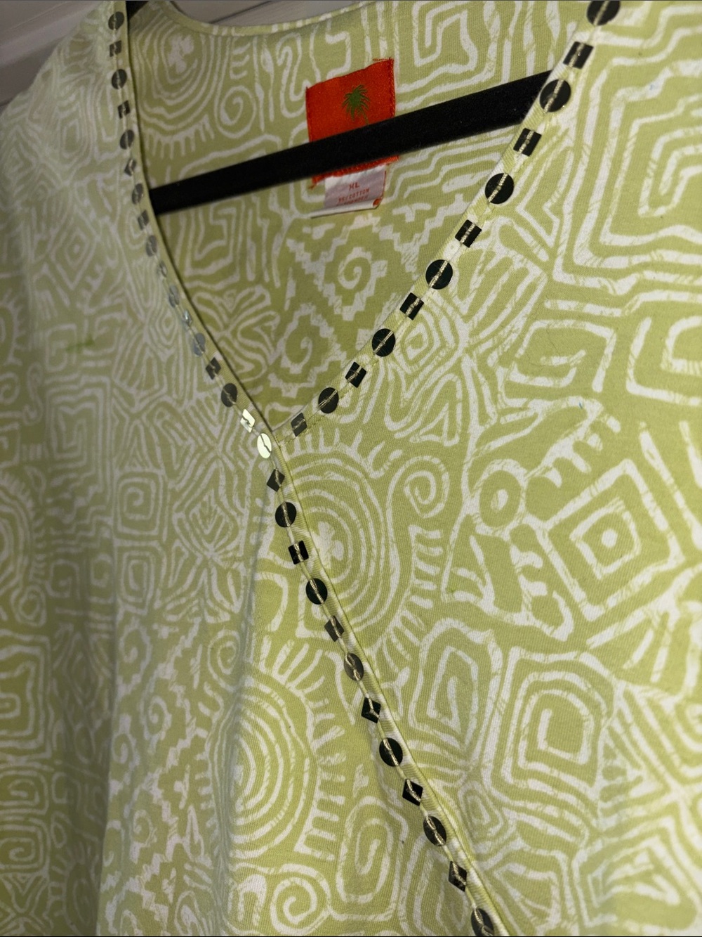 Hearts of Palm Lime Green Patterned V-Neck Tunic with Embellishment